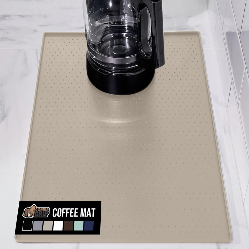 Gorilla Grip silicone coffee mat under an espresso machine protects counters from spills