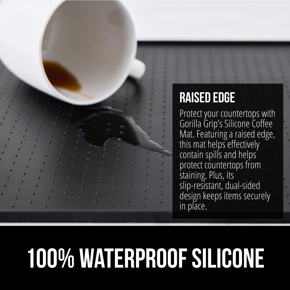 GORILLA GRIP silicone coffee mat raised-edge closeup highlights spill containment.
