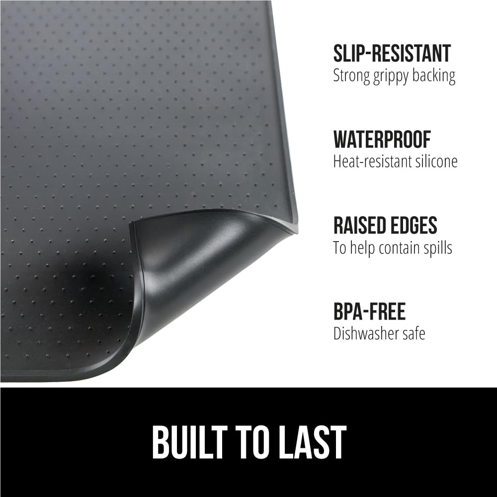 Gorilla Grip coffee mat with raised edge demonstrates containment of liquids under the machine.