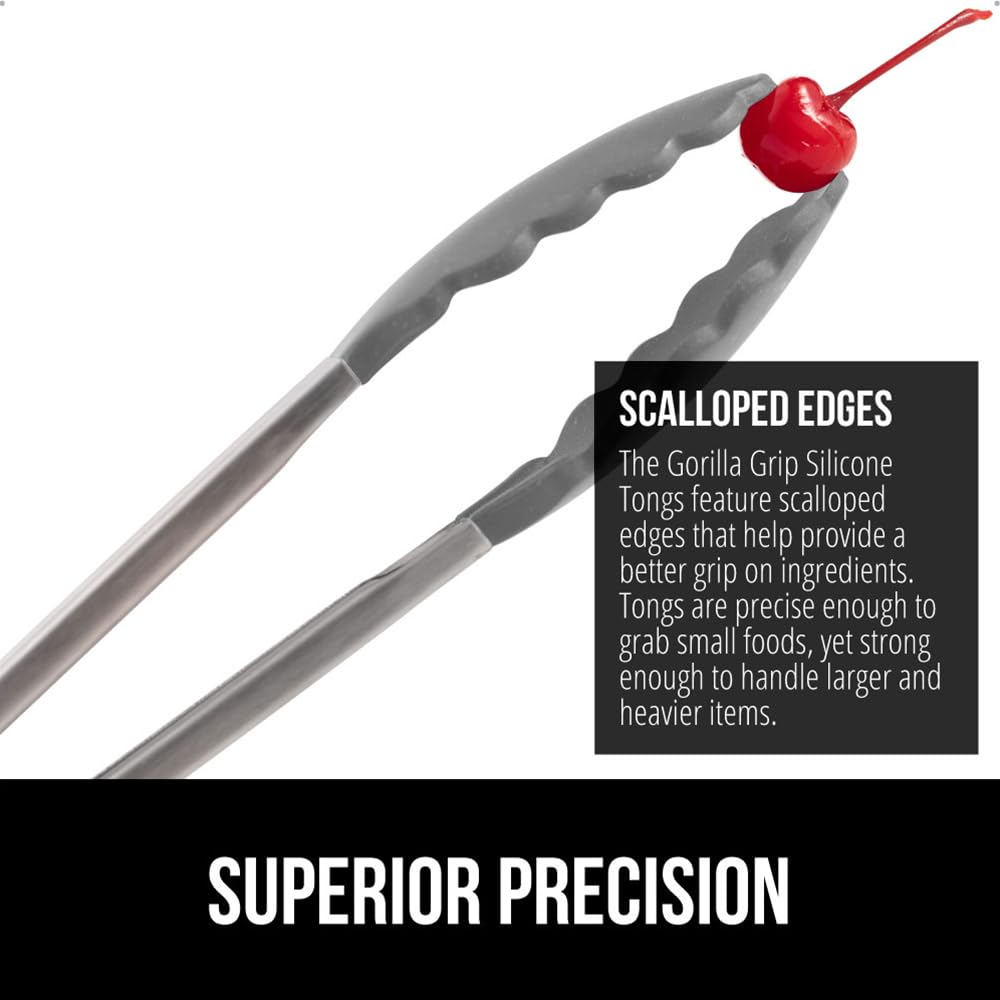 GORILLA GRIP silicone-head tongs protect nonstick surfaces during cooking.