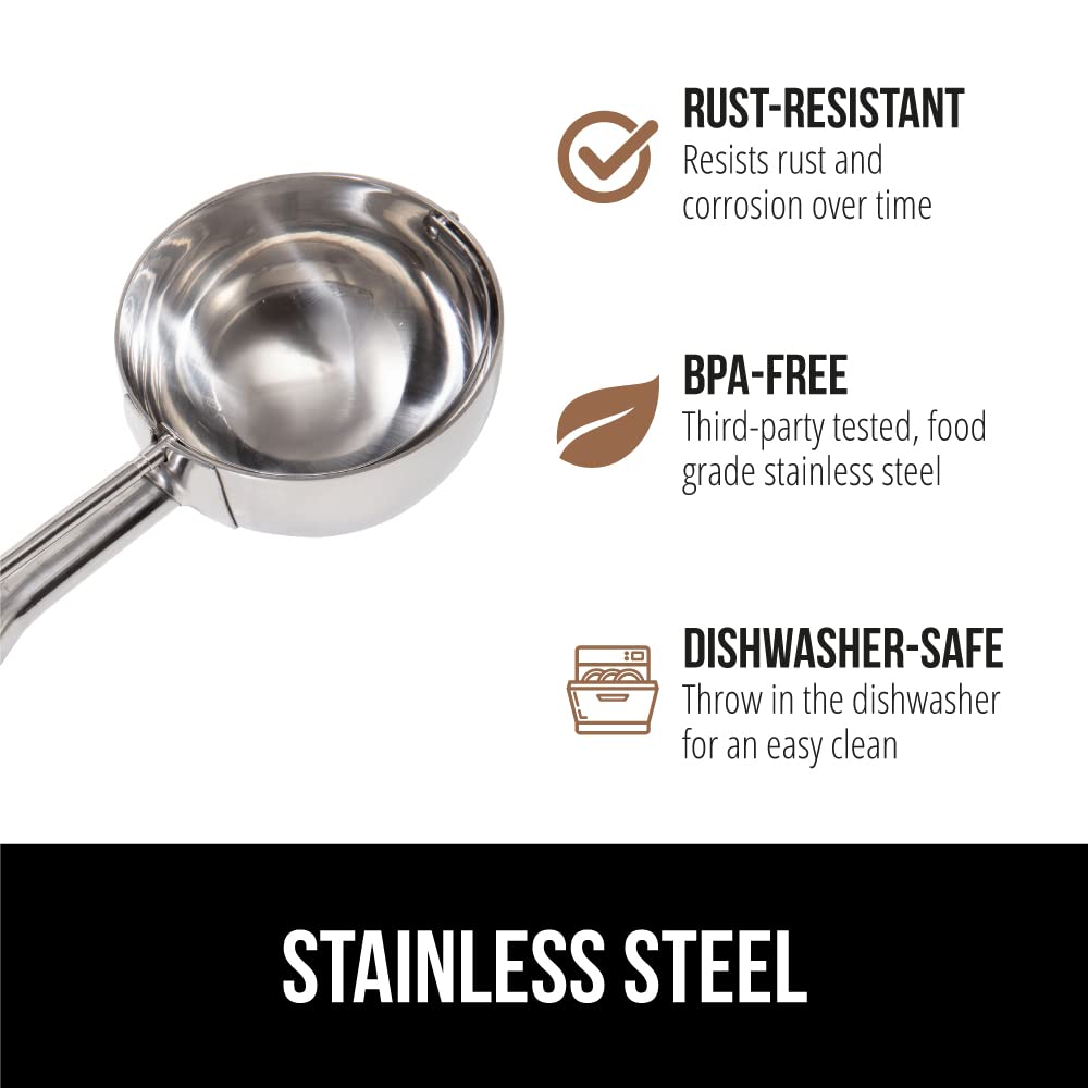 GORILLA GRIP stainless steel scoop is dishwasher-safe and BPA-free for quick cleanup.