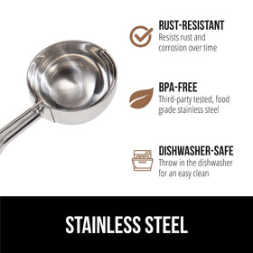 GORILLA GRIP stainless steel scoop is dishwasher-safe and BPA-free for quick cleanup.