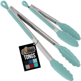 Gorilla Grip 7-inch stainless steel tong with mint silicone head for nonstick cookware.
