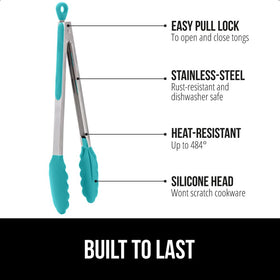 GORILLA GRIP 9-inch turquoise tongs ideal for flipping burgers and larger items