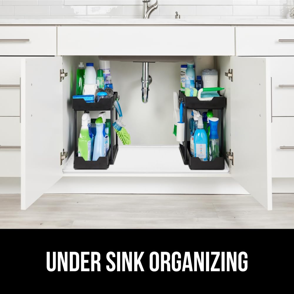Gorilla Grip under-sink mat measures 15x22 inches for standard cabinets.