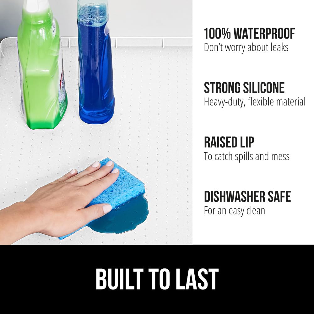 Gorilla Grip under-sink mat features a reinforced raised lip to contain spills.