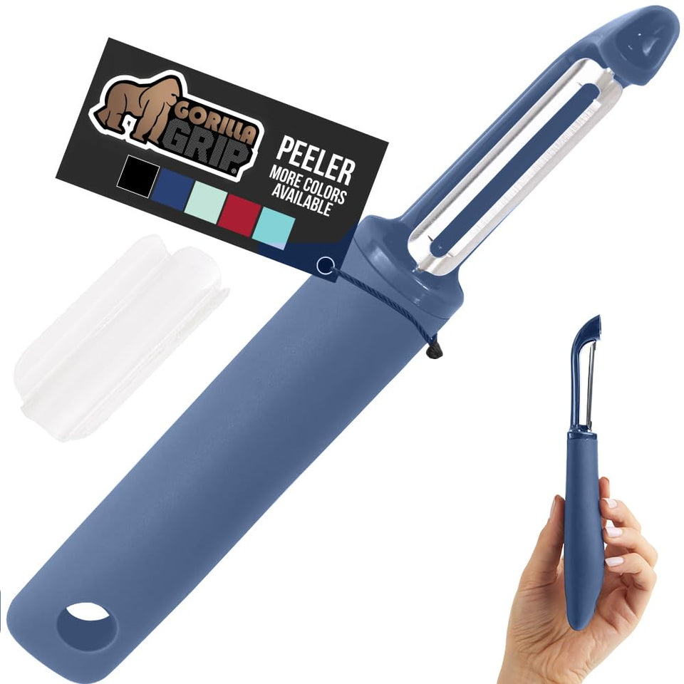 GORILLA GRIP vegetable peeler with blue handle for comfortable, secure peeling.