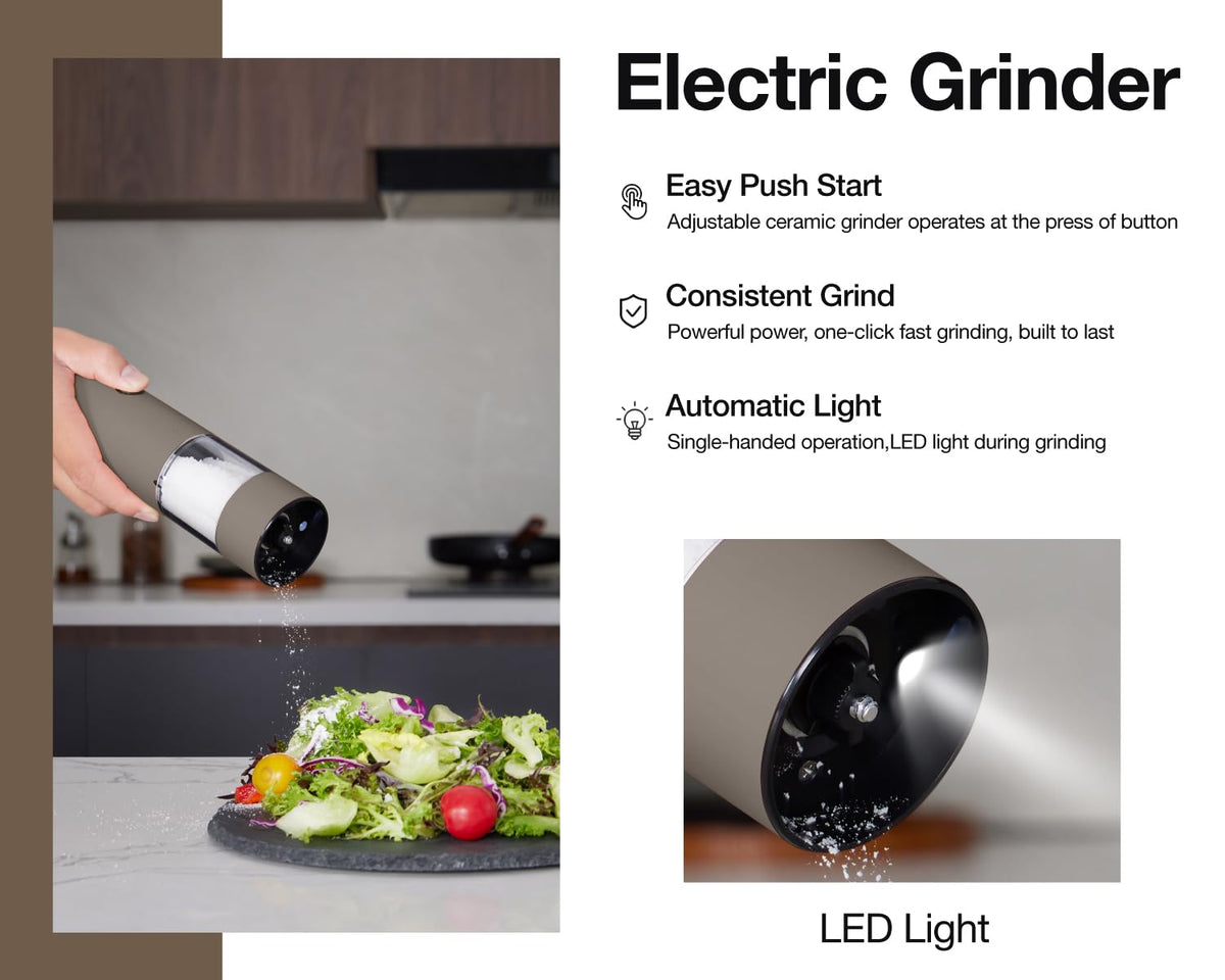 GORMODE one-hand electric mill tilting for effortless, precise seasoning.