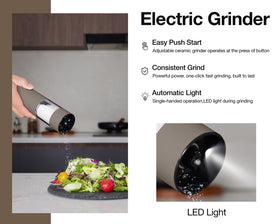 GORMODE one-hand electric mill tilting for effortless, precise seasoning.