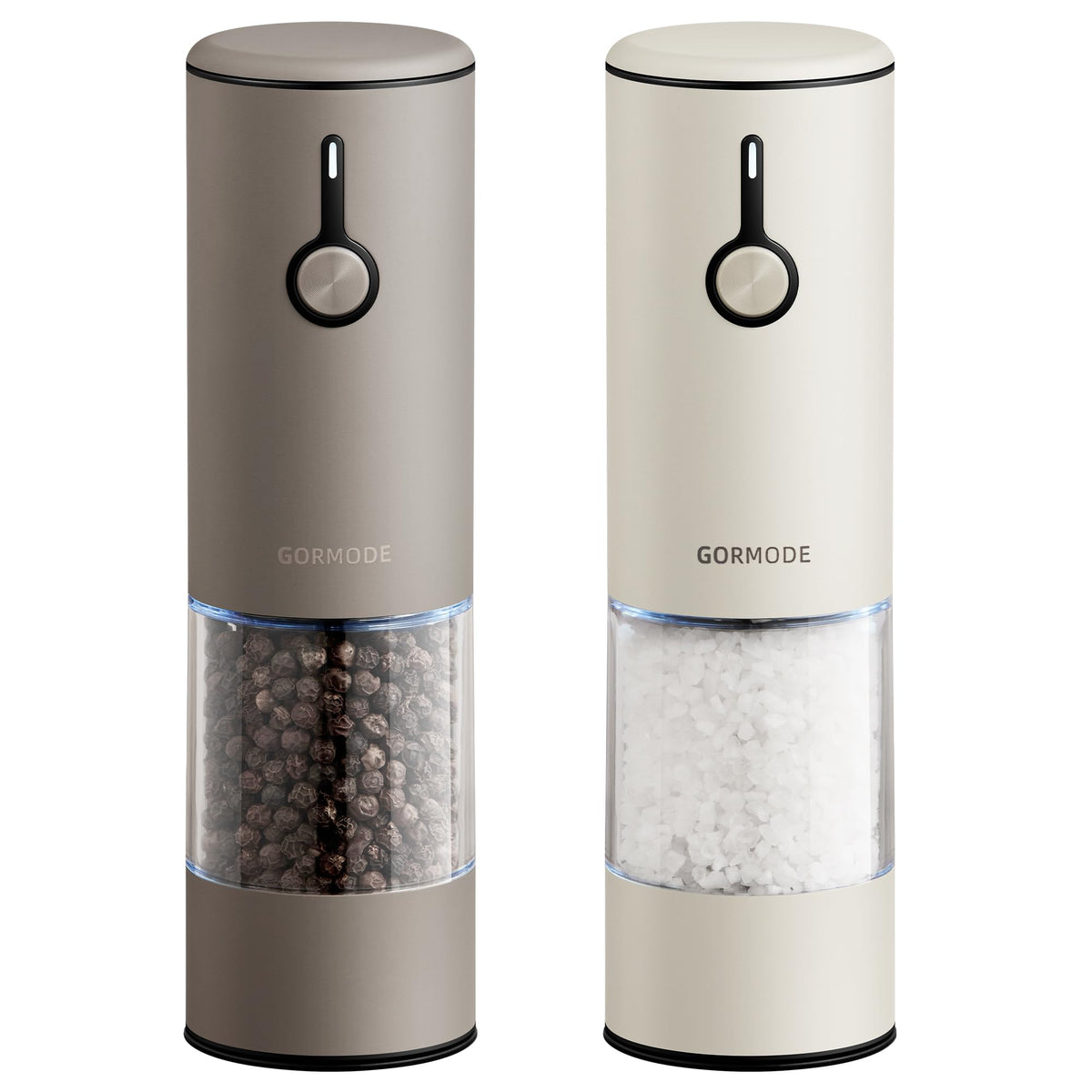 GORMODE stainless steel grinders with USB charging for long-lasting, cordless seasoning.