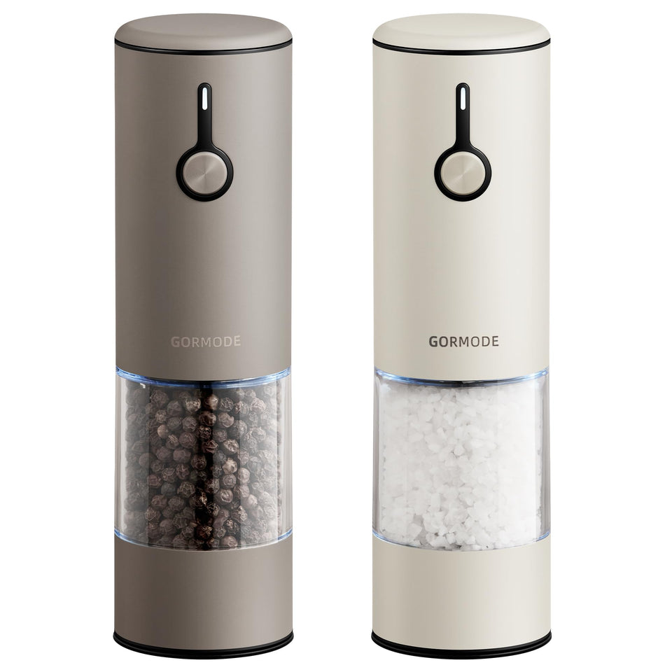 GORMODE stainless steel grinders with USB charging for long-lasting, cordless seasoning.