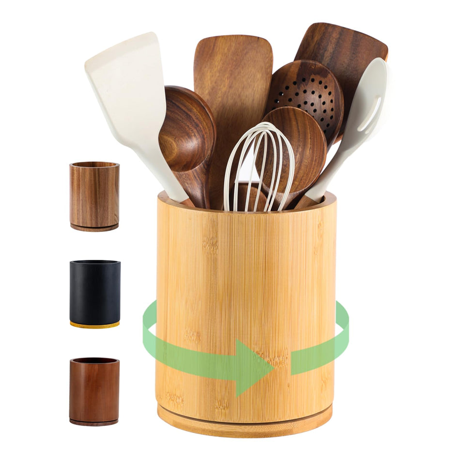 Gorsent bamboo utensil holder with 360° rotation for easy access.