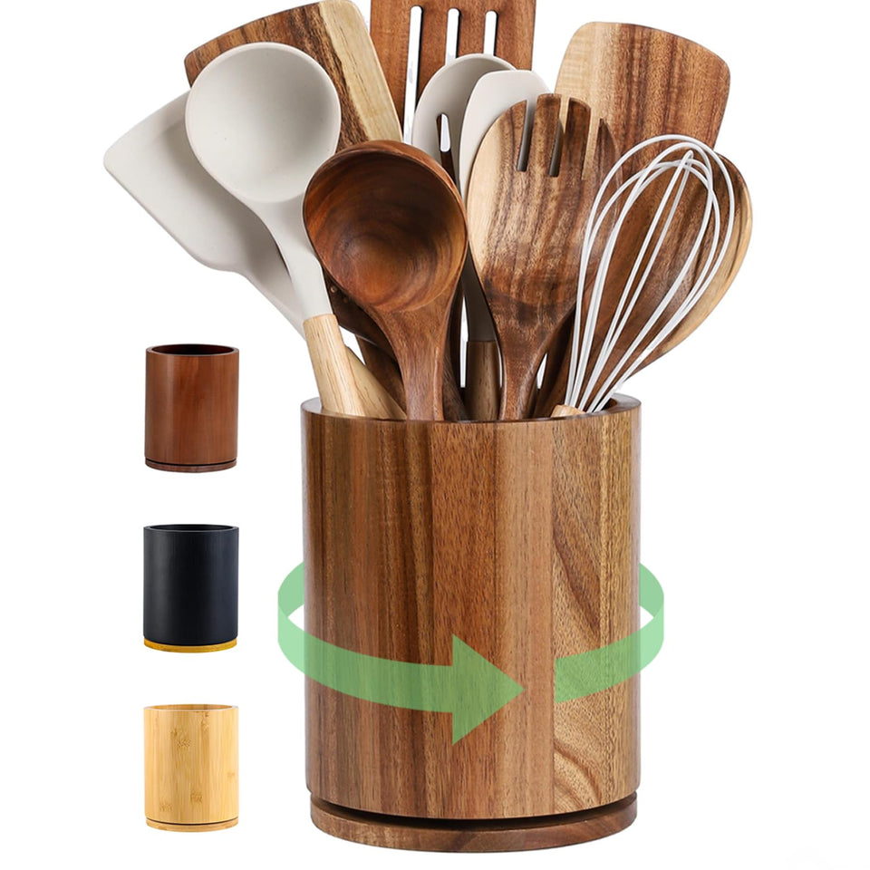 Gorsent wooden utensil holder with 360° rotation keeps the counter organized.