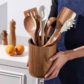 Easy-clean acacia wood surface of the Gorsent utensil holder.