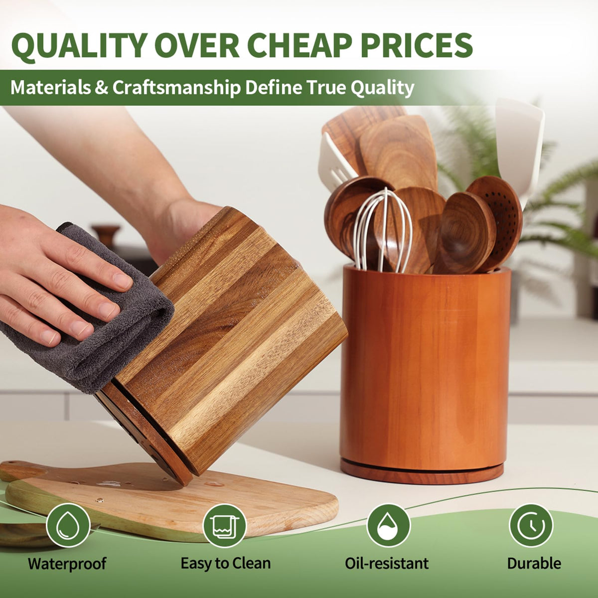 Gorsent wooden utensil holder on a tidy kitchen counter.