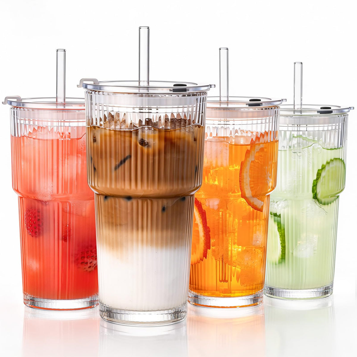 GOSCHE 20oz glass tumbler with lids and straws for spill-free on-the-go beverages.