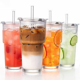 GOSCHE 20oz glass tumbler with lids and straws for spill-free on-the-go beverages.