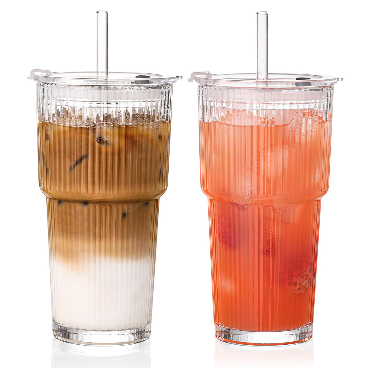 GOSCHE 20oz ribbed glass tumbler with straw and lid keeps iced drinks cold and spill-free.