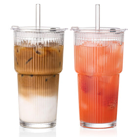 GOSCHE 20oz ribbed glass tumbler with straw and lid keeps iced drinks cold and spill-free.