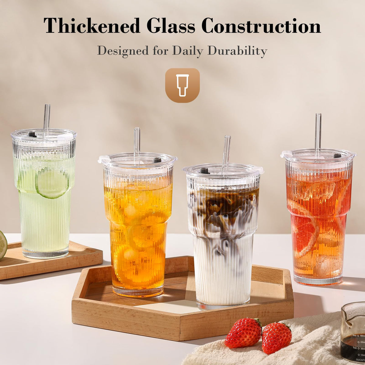 GOSCHE 4-pack glass tumblers with lids and accessories for versatile use.