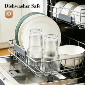 GOSCHE two-pack glass cups with lids for organized fridge storage.