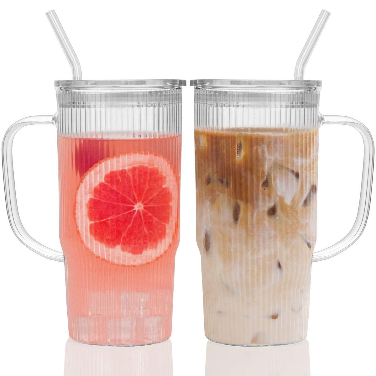 GOSCHE glass cup with lid and straw for iced coffee on the go.