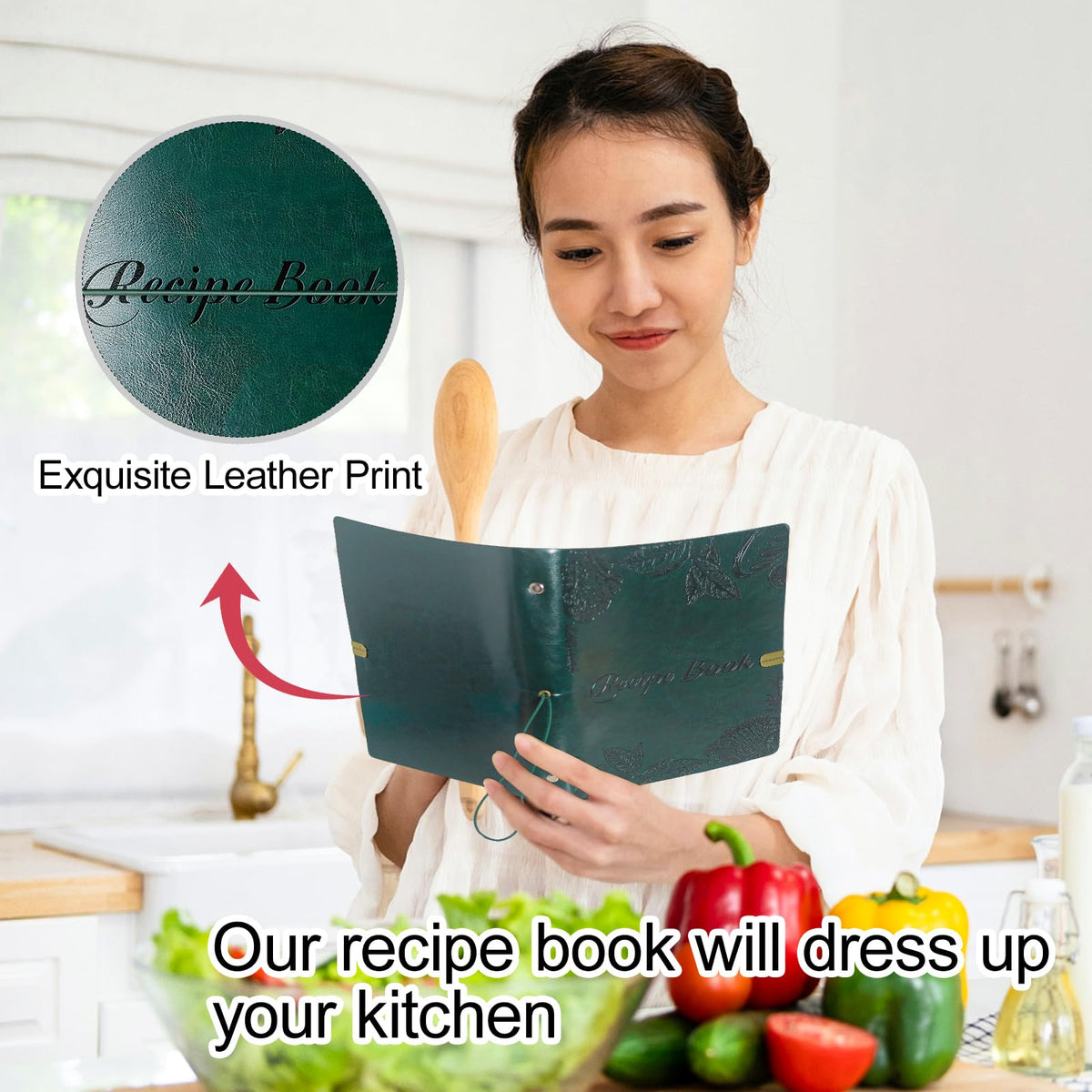 GoShambar blank recipe book durable leather cover resists spills for everyday kitchen use.