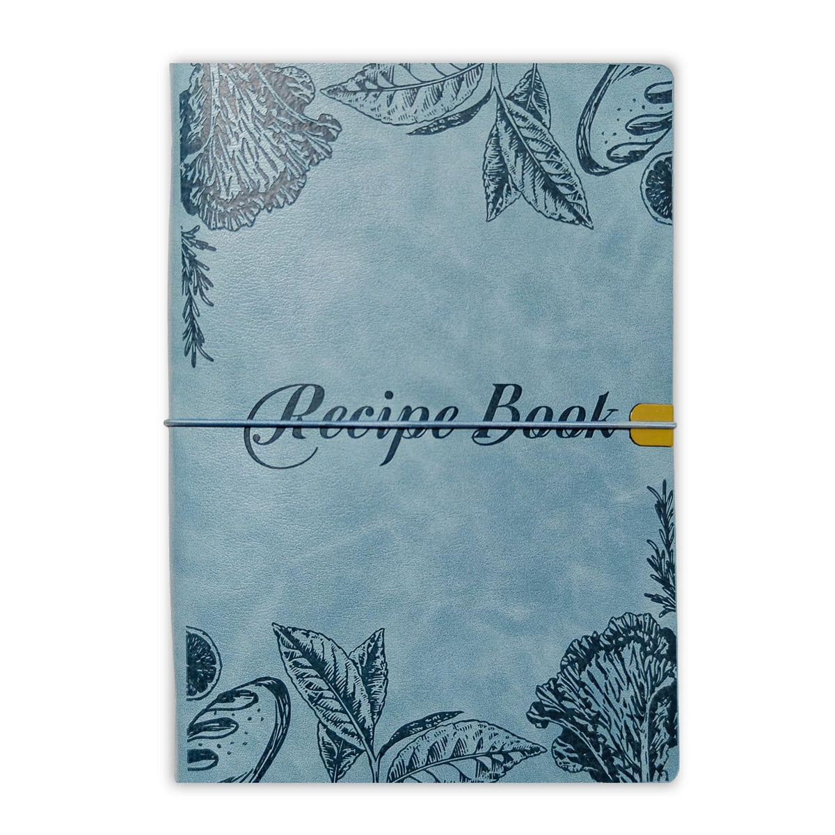 GoShambar blank recipe book with blue leather cover; spill-friendly and stylish.