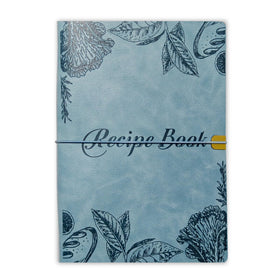 GoShambar blank recipe book with blue leather cover; spill-friendly and stylish.