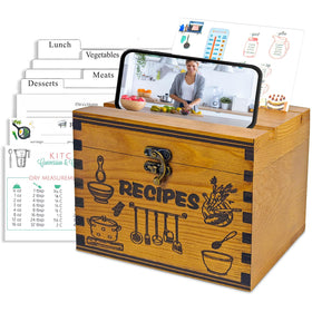 GoShambar wooden recipe box with a dual-slot lid for reading cards and phone use.