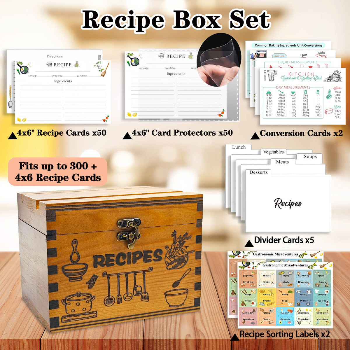 Removable inner board keeps cards upright for quick recipe access.