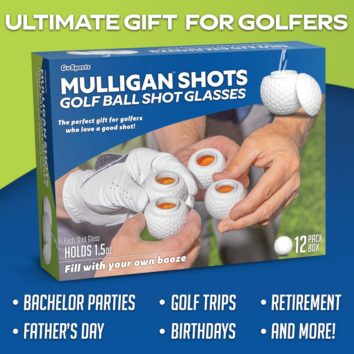 Reusable, food-grade plastic GoSports Mulligan Shots designed for gifting and reuse.
