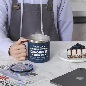 Gossby 14oz coworker tumbler on desk with smile, thoughtful leaving gift.