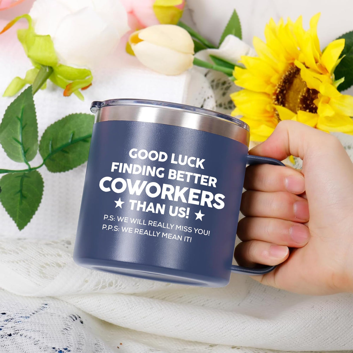 Gossby 14oz coworker tumbler steam rising from hot beverage for morning coffee.