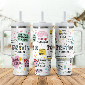 Gossby The Bestie tumbler close-up design highlighting friendship motif for gifting.