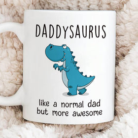 Gossby DADDYSAURUS mug design detail emphasizes cheerful dinosaur motif for dad's desk.