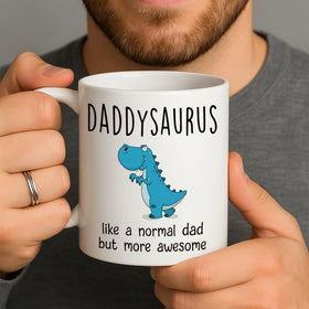 Gossby DADDYSAURUS mug steams with hot coffee, adding warmth to morning routines.