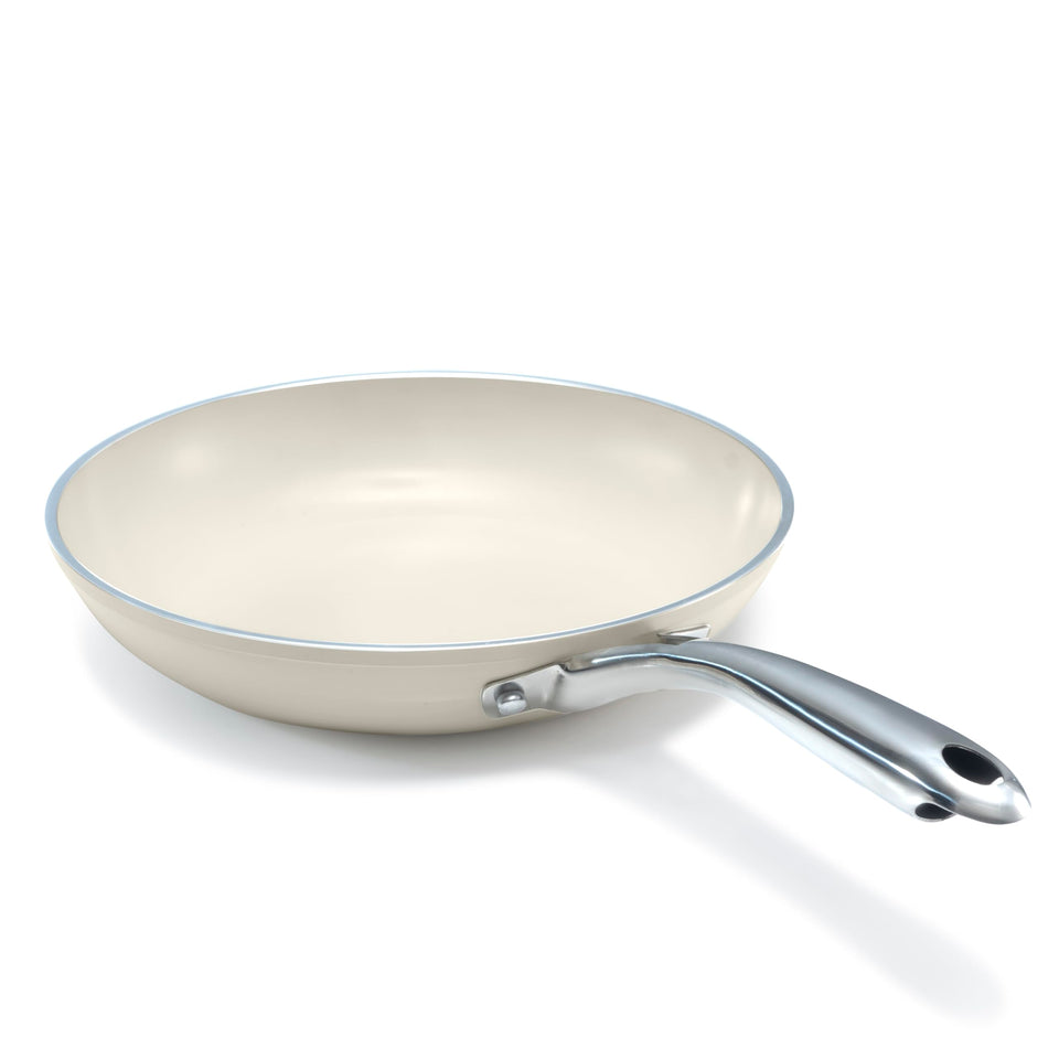 GOTHAM STEEL 10-inch nonstick pan with cream ceramic coating for even heat distribution.