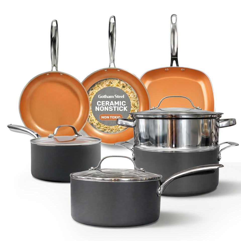 Gotham Steel 12-piece ceramic cookware set, full collection, nonstick performance for easy release.