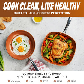 Gotham Steel stay-cool handles and glass lids for safe, comfortable cooking.