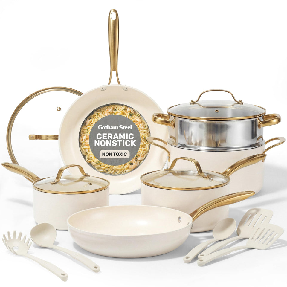 Gotham Steel 15pc ceramic cookware set with nonstick surface for healthier cooking.