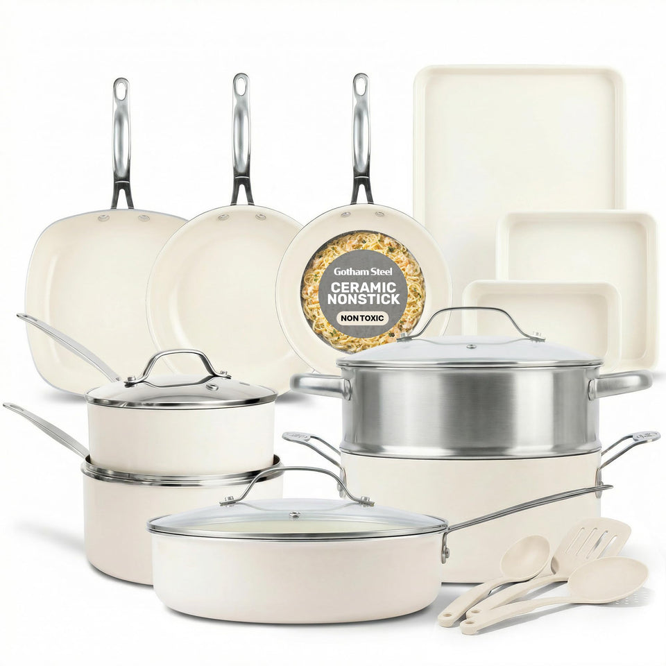 Gotham Steel 20pc ceramic cookware set on stove for easy weeknight meals