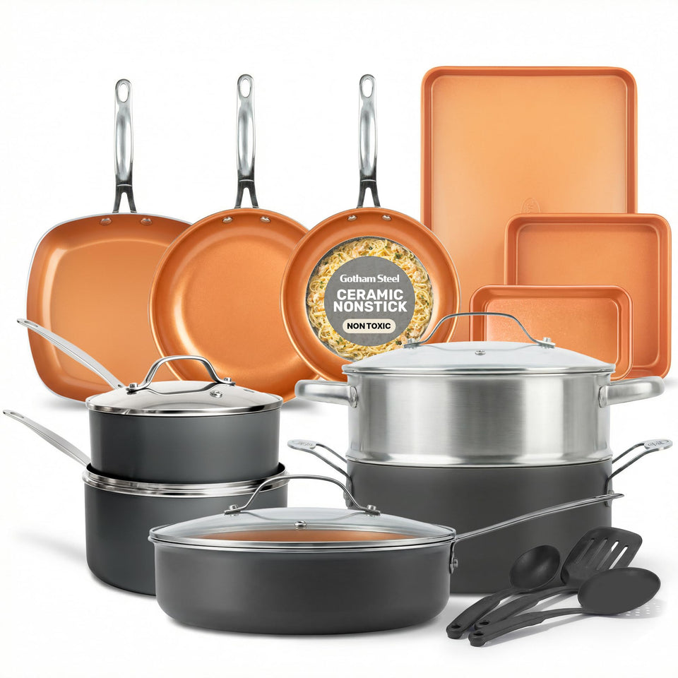 Gotham Steel 20pc set overview with copper nonstick surface for easy release
