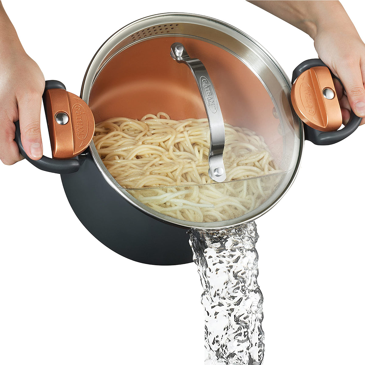 Gotham Steel 5-qt stock pot with strainer lid for quick pasta draining.