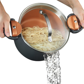 Gotham Steel 5-qt stock pot with strainer lid for quick pasta draining.
