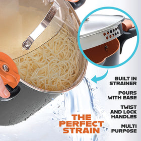 Gotham Steel stock pot showing twist and lock handles for safer handling.