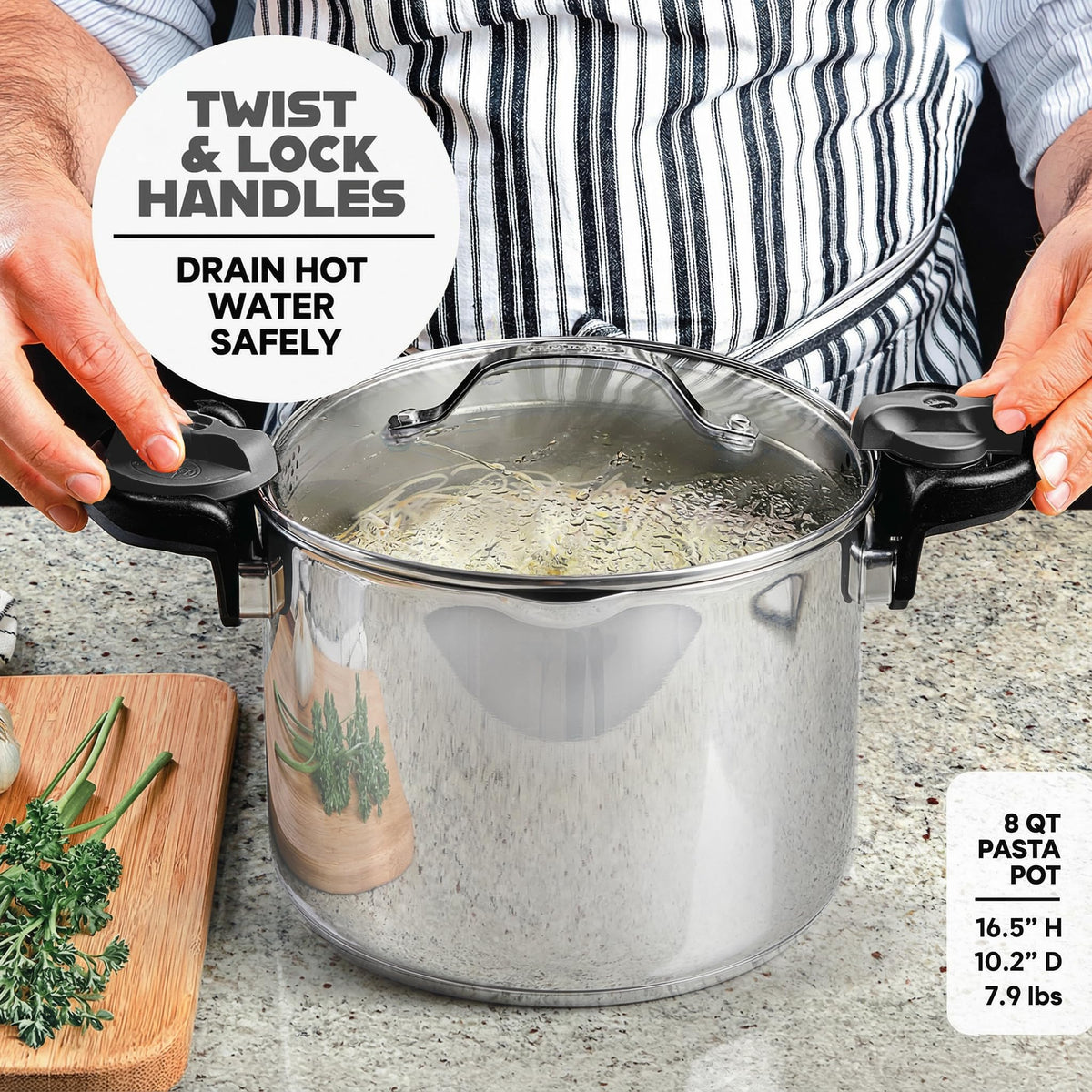 Gotham Steel pasta pot with two straining sizes for precise draining