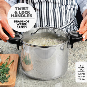 Gotham Steel pasta pot with two straining sizes for precise draining