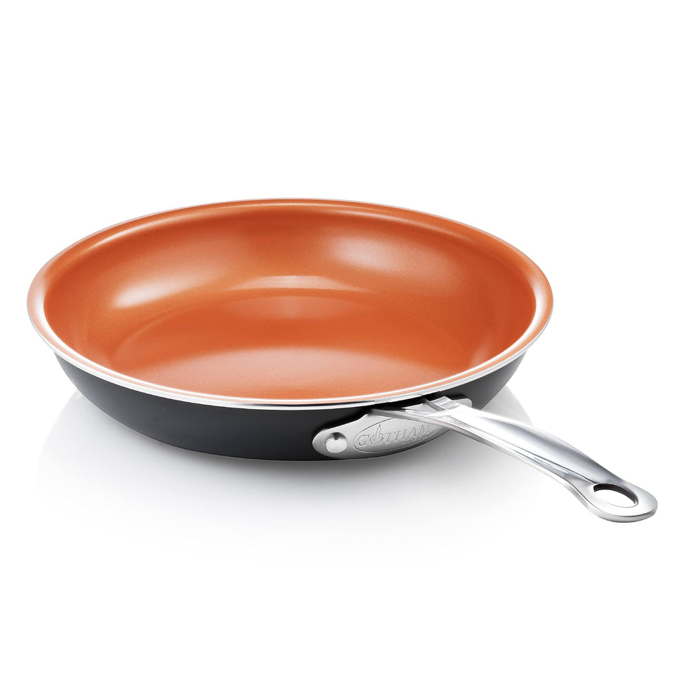 Gotham Steel 9.5-inch copper nonstick pan on stove for quick, even browning