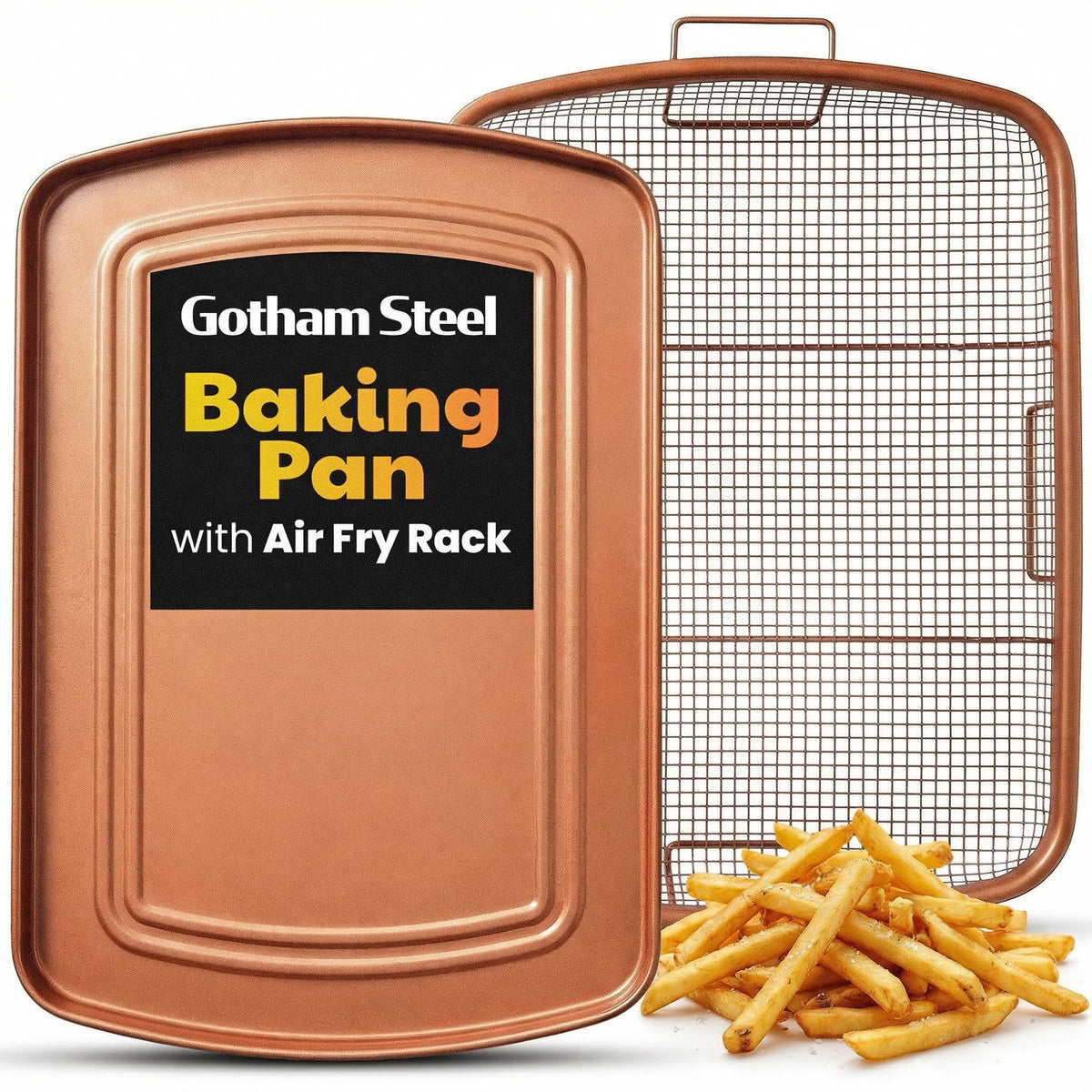 Gotham Steel baking sheet with air fry rack for even convection crisp in the oven.